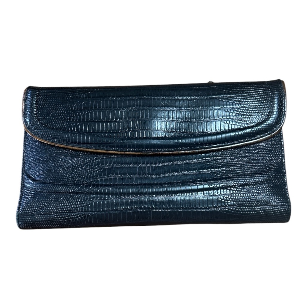 Vintage Brahmin Wallet w checkbook protector black lizard w brown trim leather
